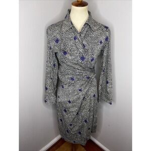 Samantha Sung Black White Printed Cotton Longsleeve Wrap Dress Sz 10